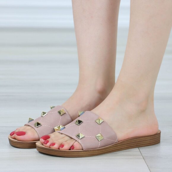 Blush Flat Comfort Flexible Sandal Slip On Sliders Trendy Gold Studs Glittery To - Picture 6 of 15